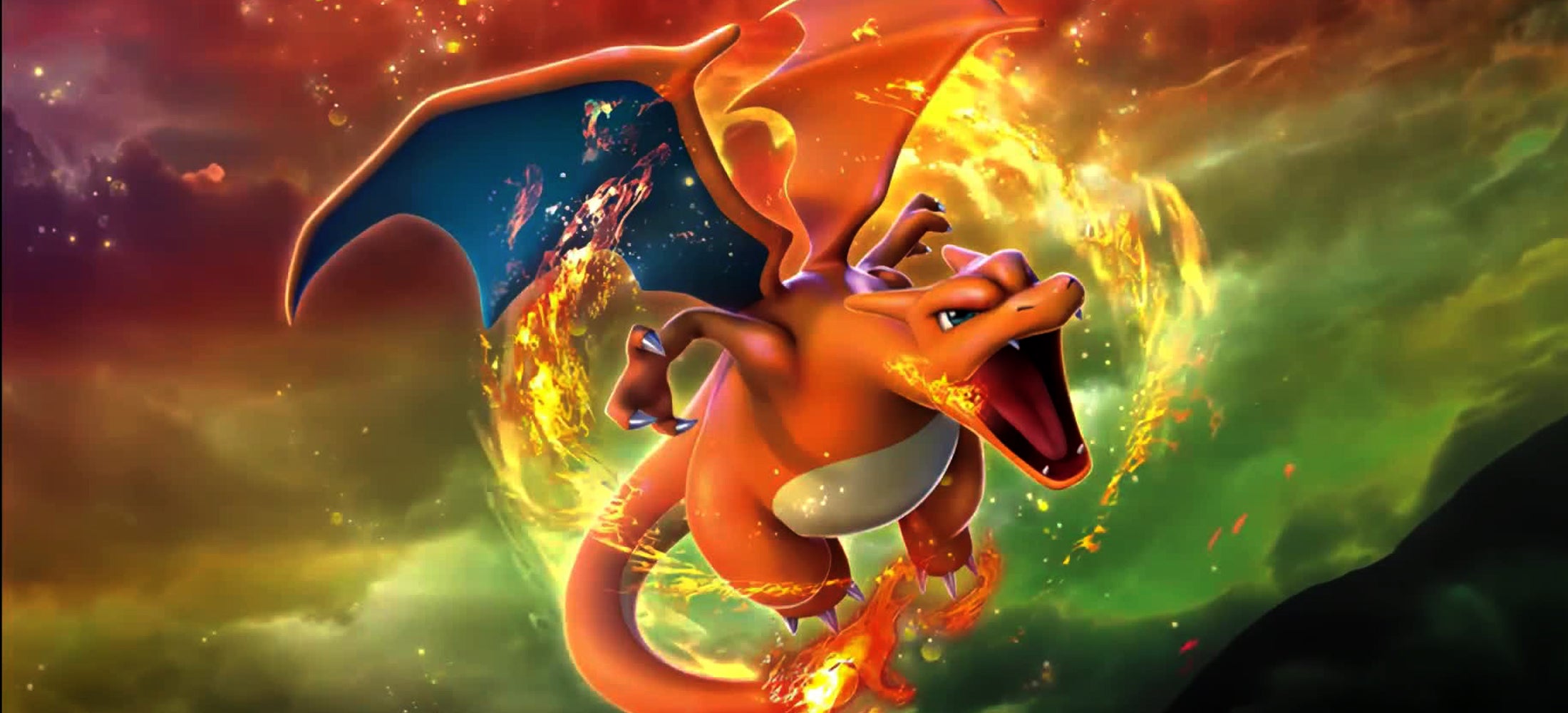 Fiery Charizard flying through a vortex of flames and lightning with a dramatic, colorful background