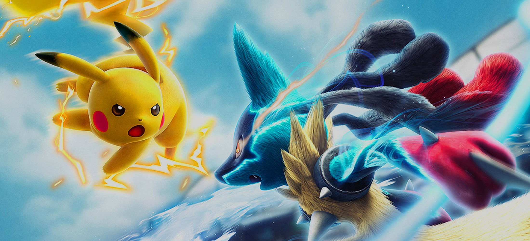 Pikachu clashing with Lucario in an electrifying battle, used as a hero background banner for Pokémon card selling page